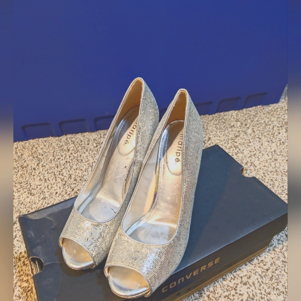 Silver Toe Out Heels Size 8